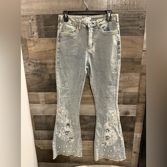 Venus | Floral Pearl Appliqué Butterfly Bell Bottom Jeans - Picture 1 of 7
